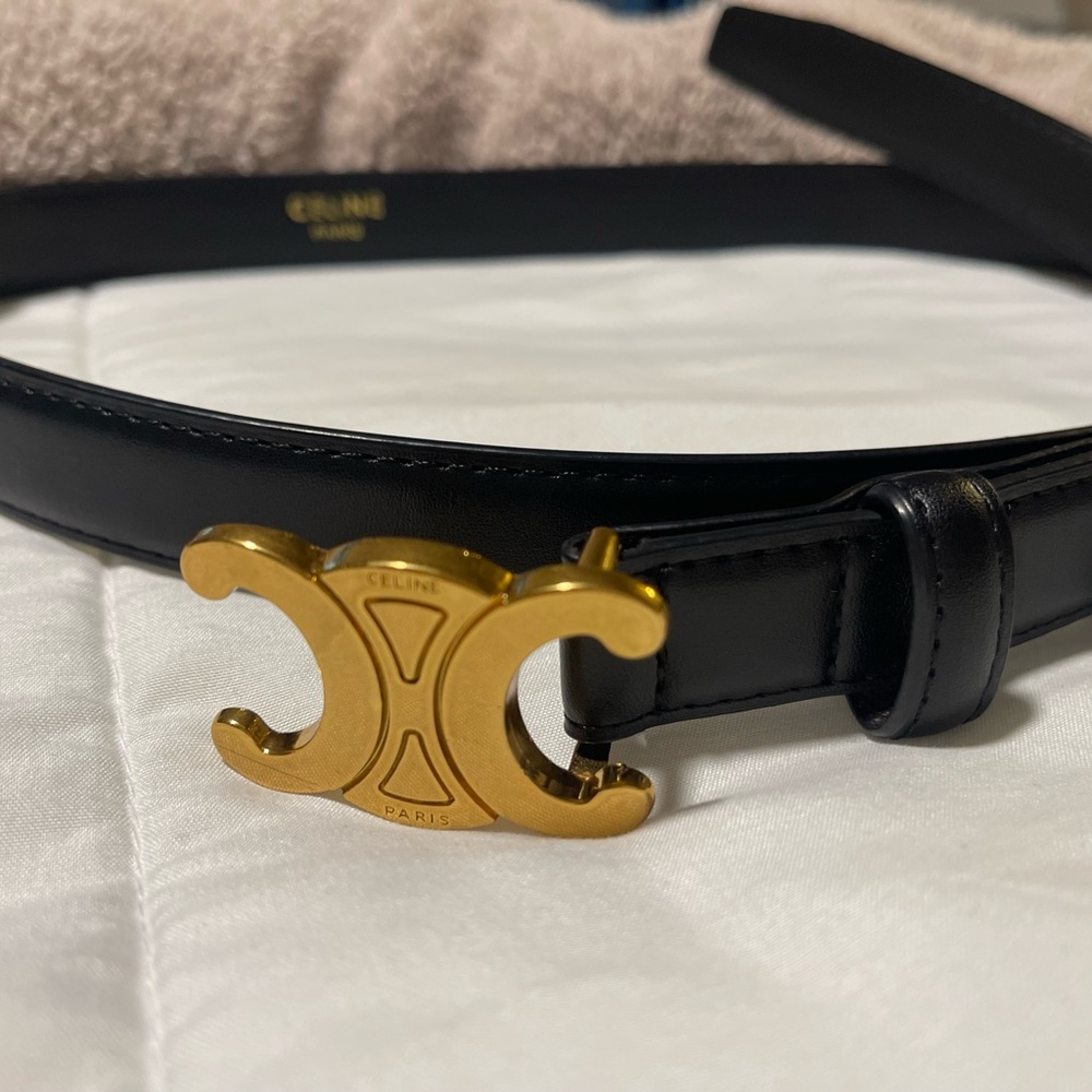 Celine Black Leather Belt with Gold Logo